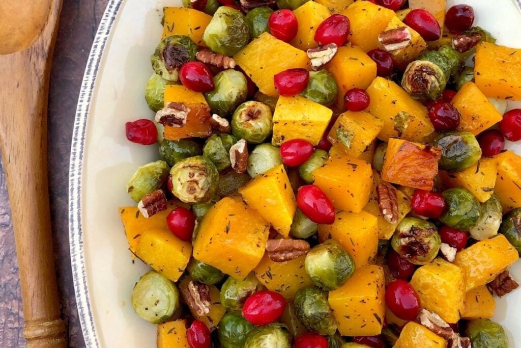 Maple Roasted Butternut Squash and Brussels Sprouts with Cranberries by Hoorah by Health