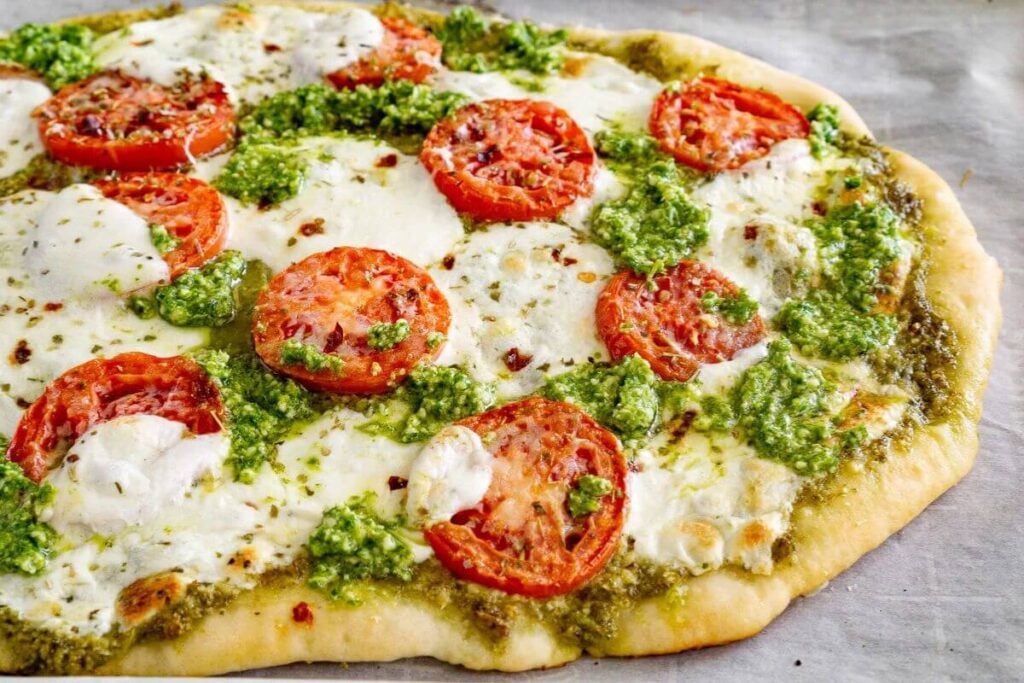 Pesto Pizza with Fresh Mozzarella and Tomatoes