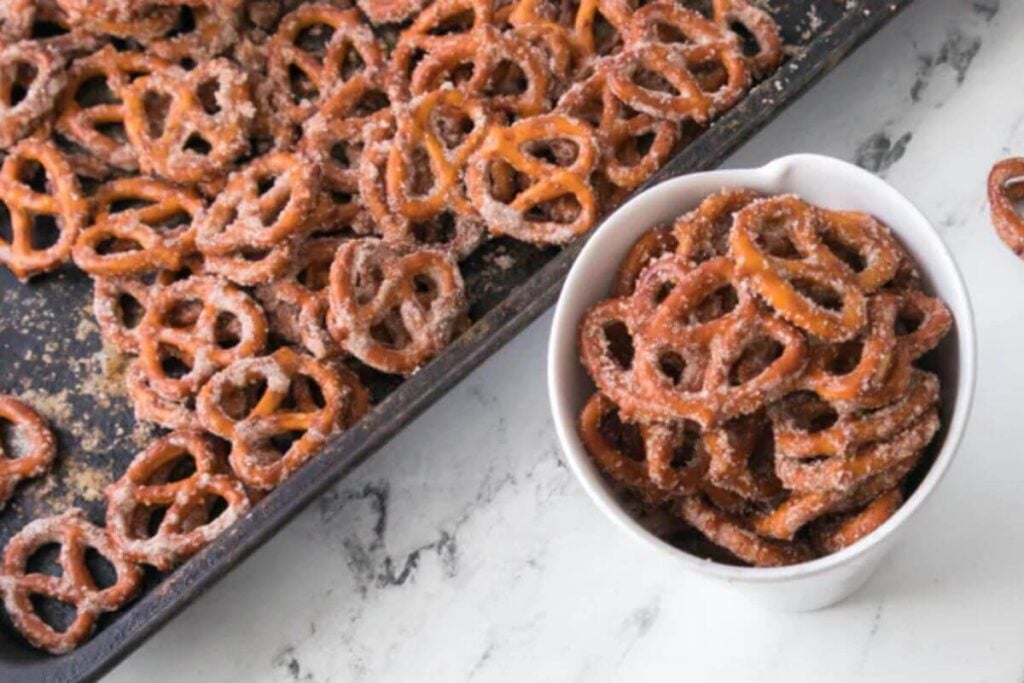 Cooked Cinnamon Sugar Pretzels on Baking Pan