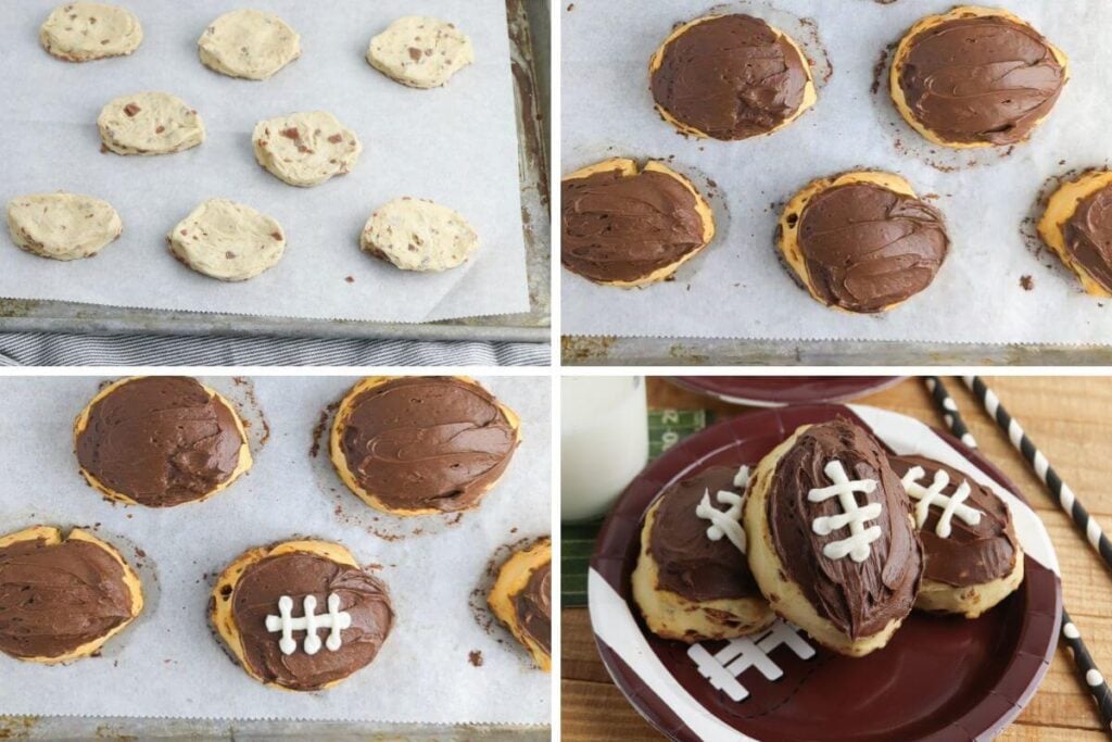 Collage of 4 images showing you How to Make Football Shaped Cinnamon Rolls