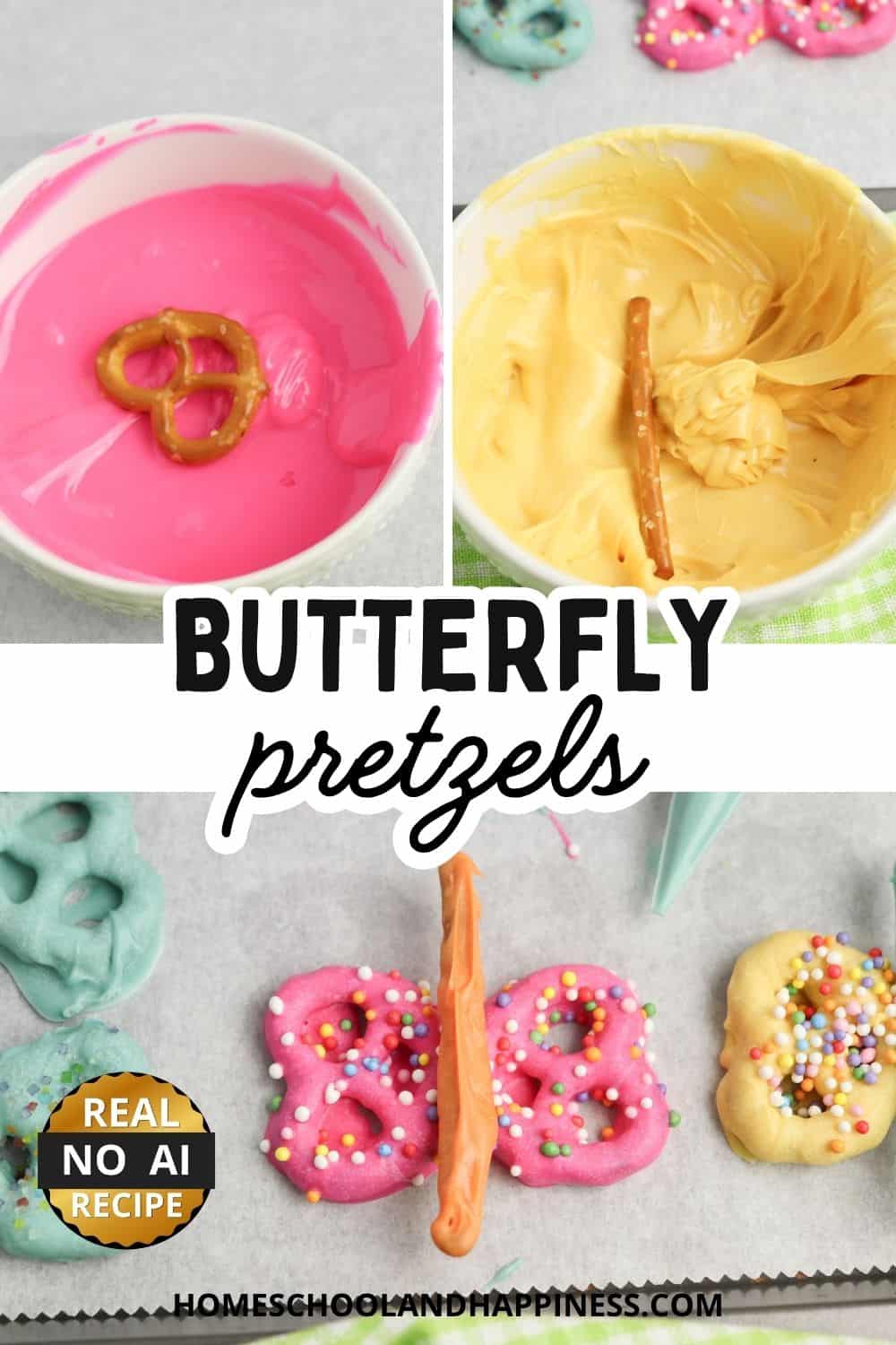 Collage image of how to make butterfly pretzels.