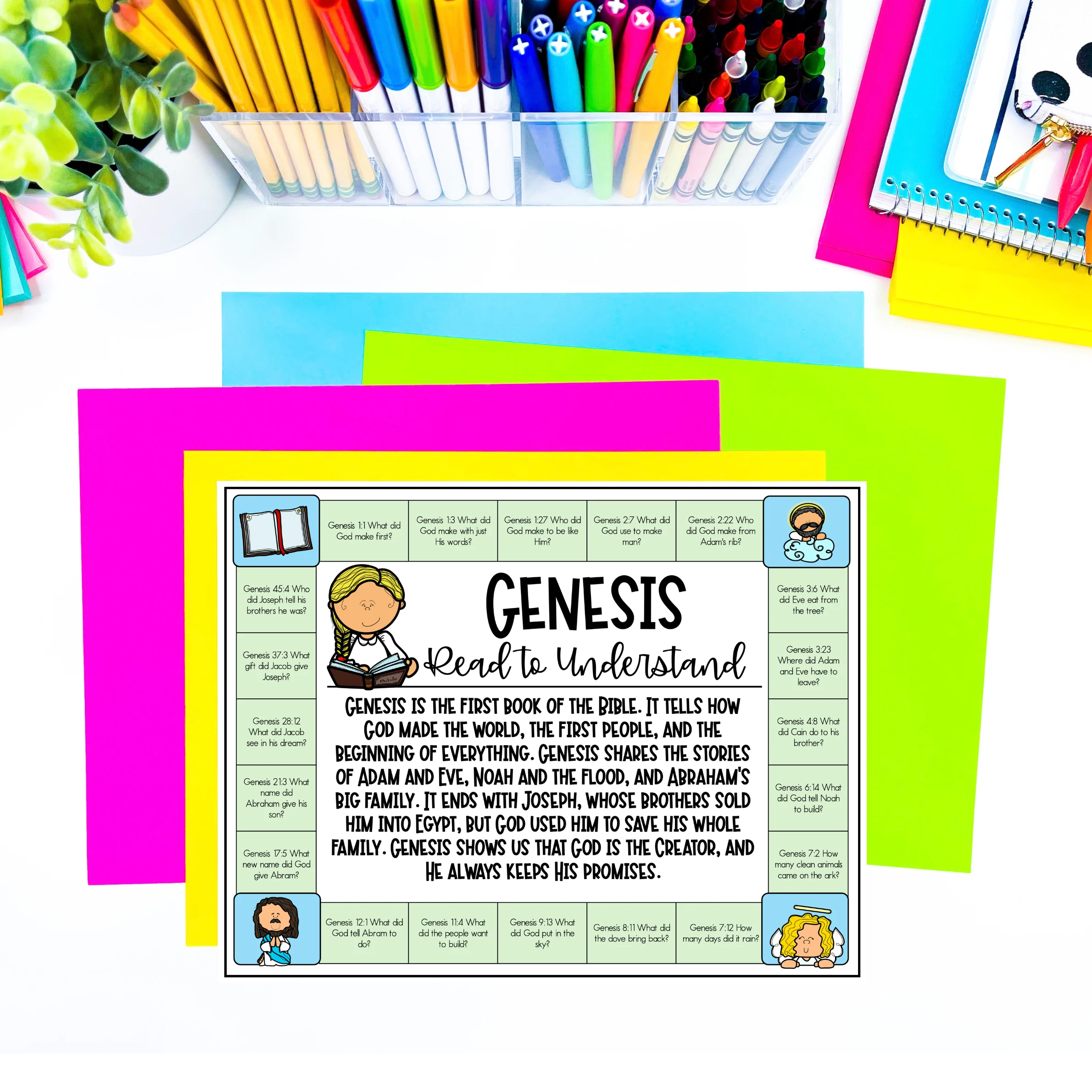 a paper that says "genesis" with questions from that book of the Bible