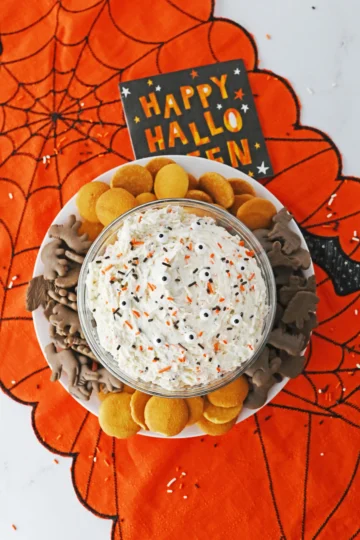 a halloween funfetti dip with sprinkles in a bowl