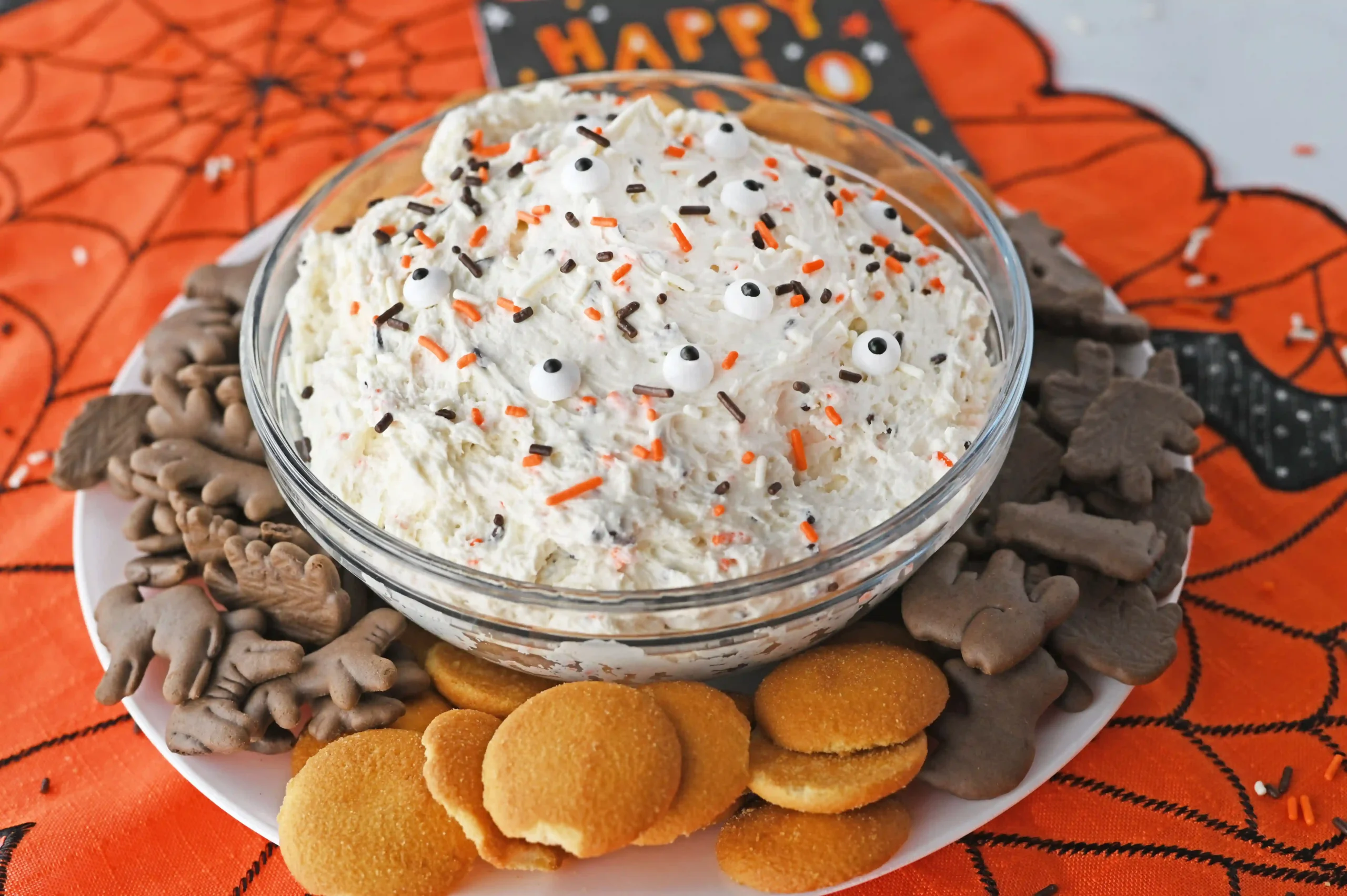 a halloween funfetti dip with sprinkles in a bowl