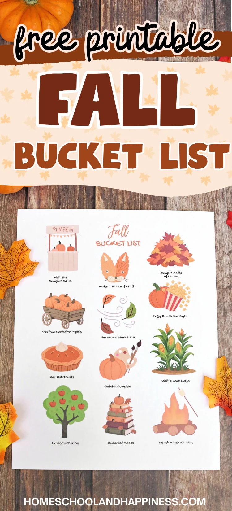 a fall bucket list printable on a wooden background