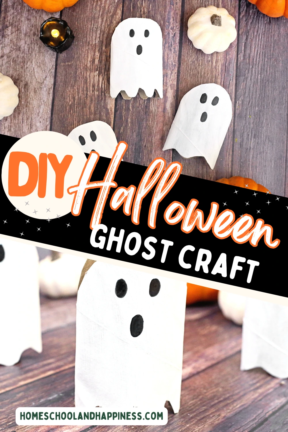 toilet paper rolls cut, painted, and decorated to look like ghosts