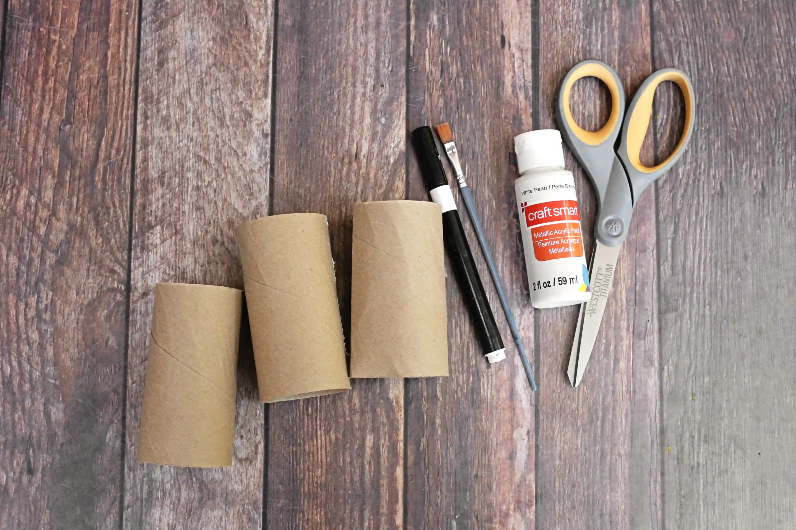 supplies for the ghost toilet paper roll craft: toilet paper rolls, white paint, scissors, paintbrush, and a black marker