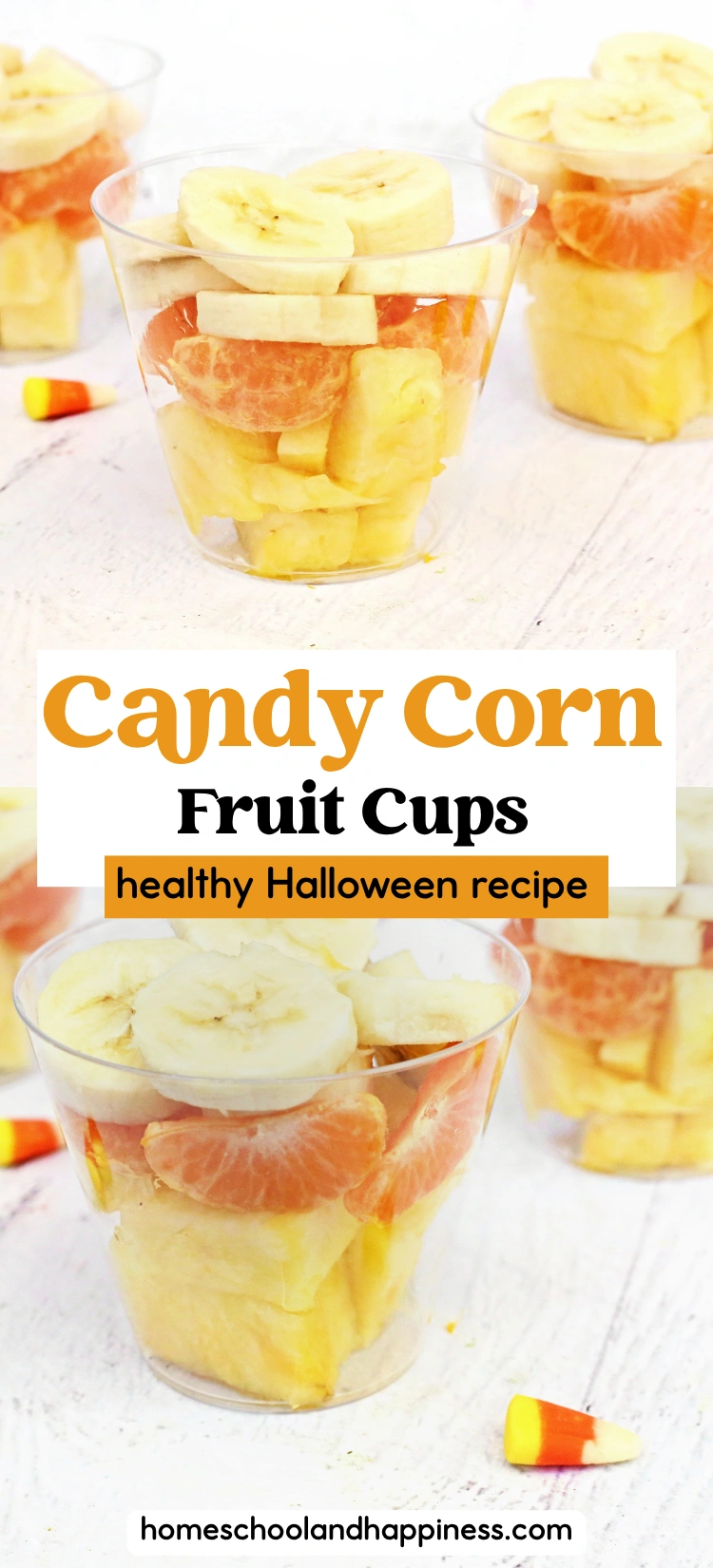plastic cups with bananas, oranges, and pineapple in them