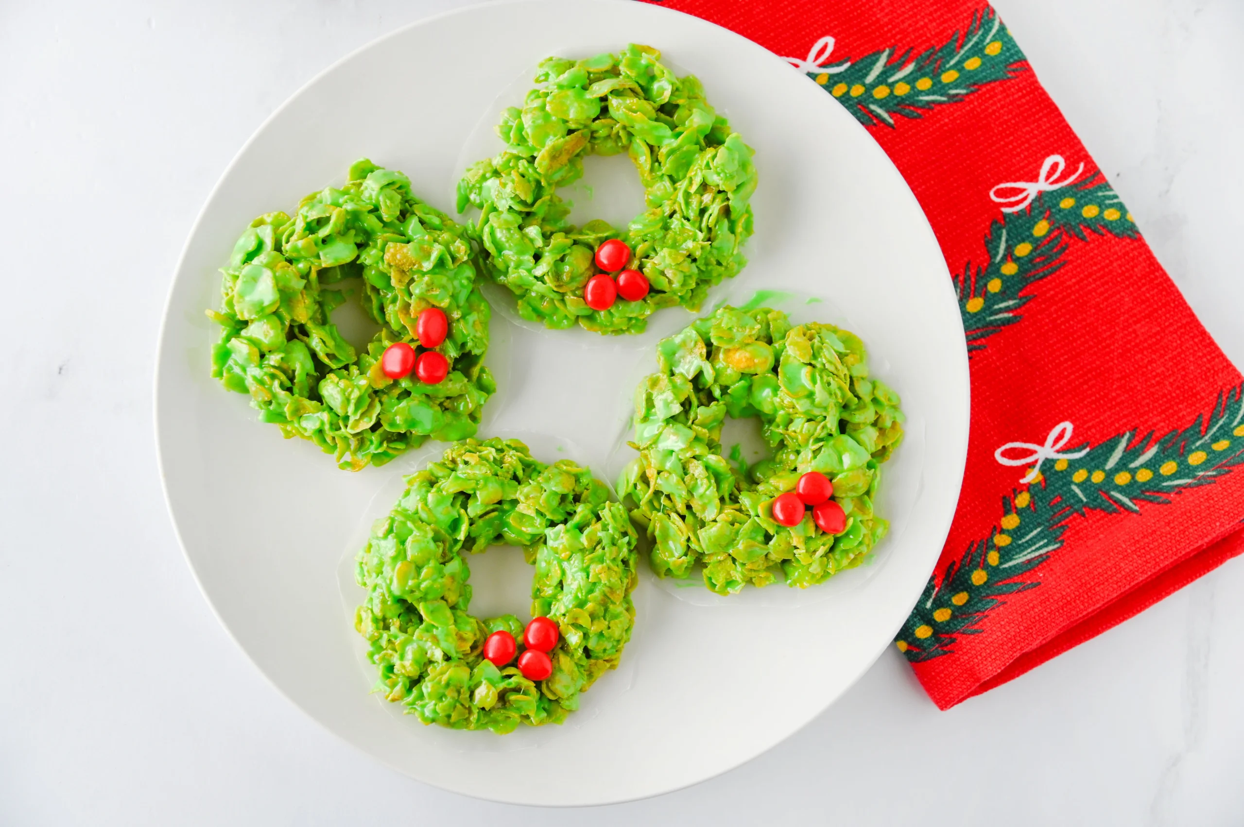 cornflakes dyed green and shaped like wreaths
