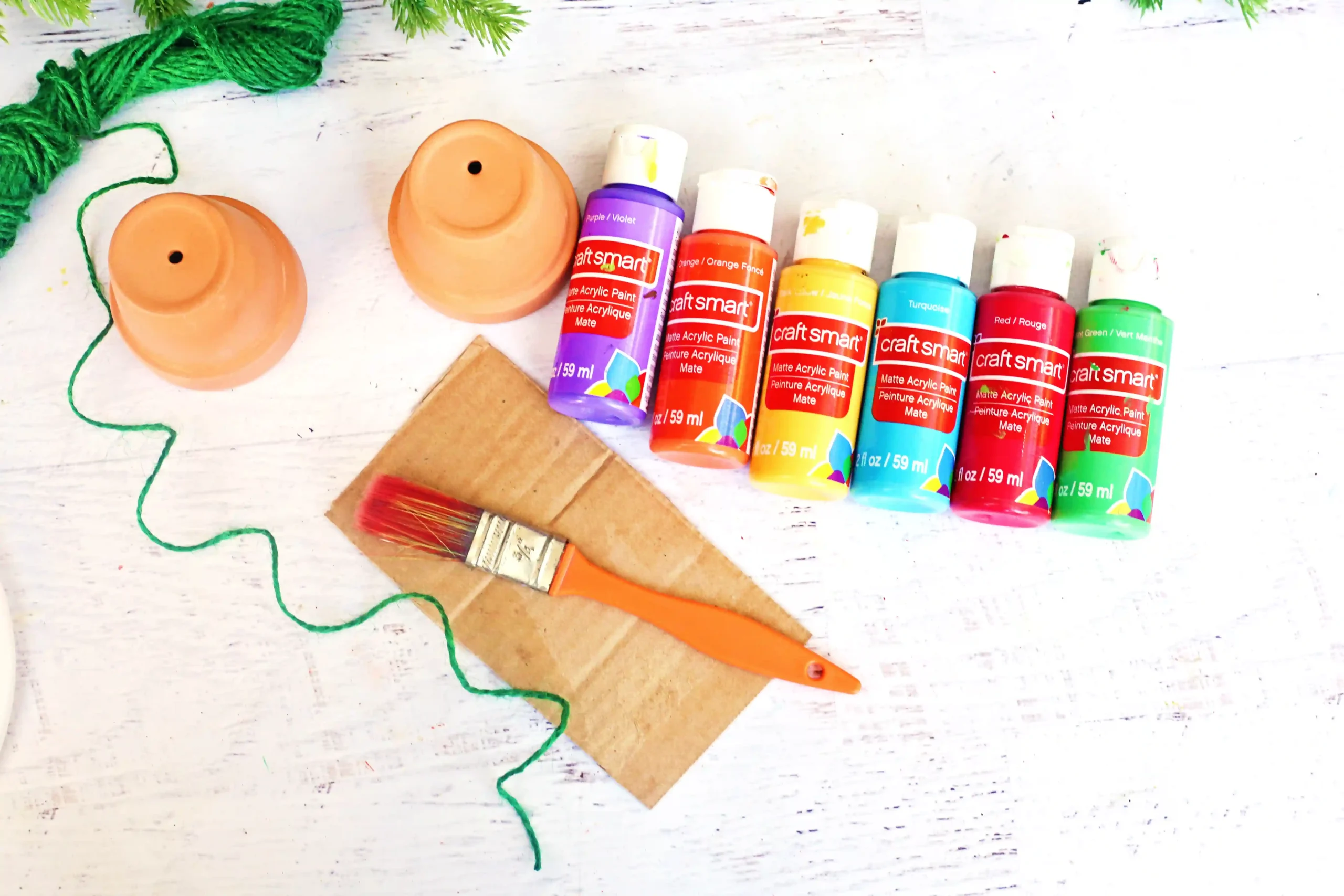 supplies for the clay pot christmas tree ornament