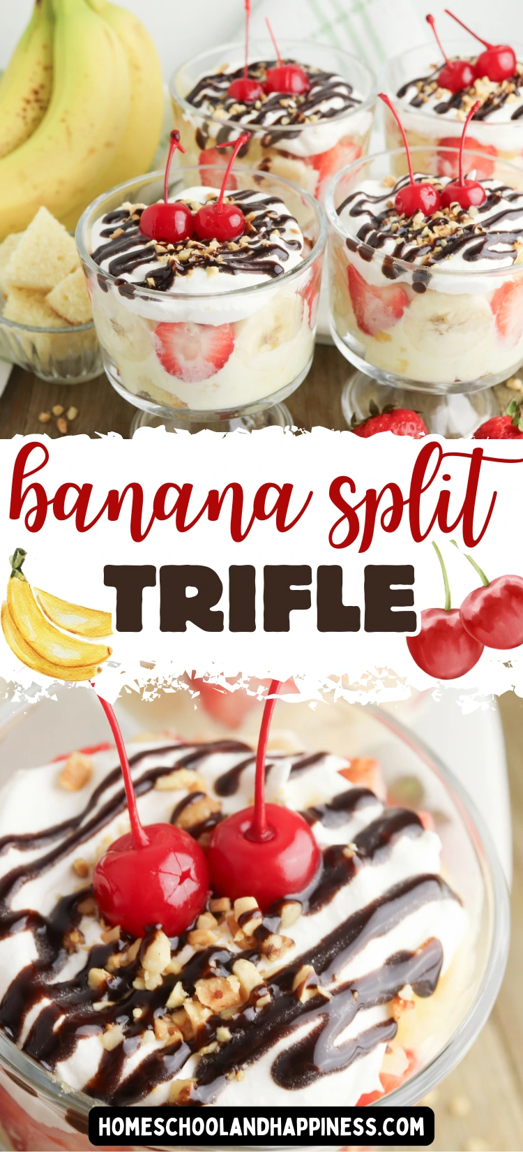 banana split trifle in a clear glass topped with cherries