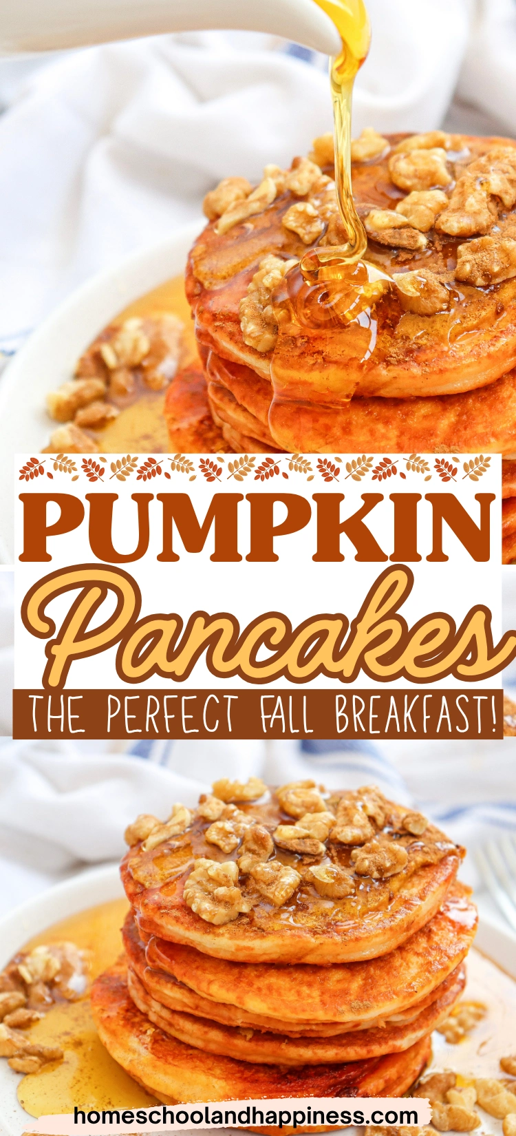 pumpkin pancakes with syrup and walnuts on a white plate