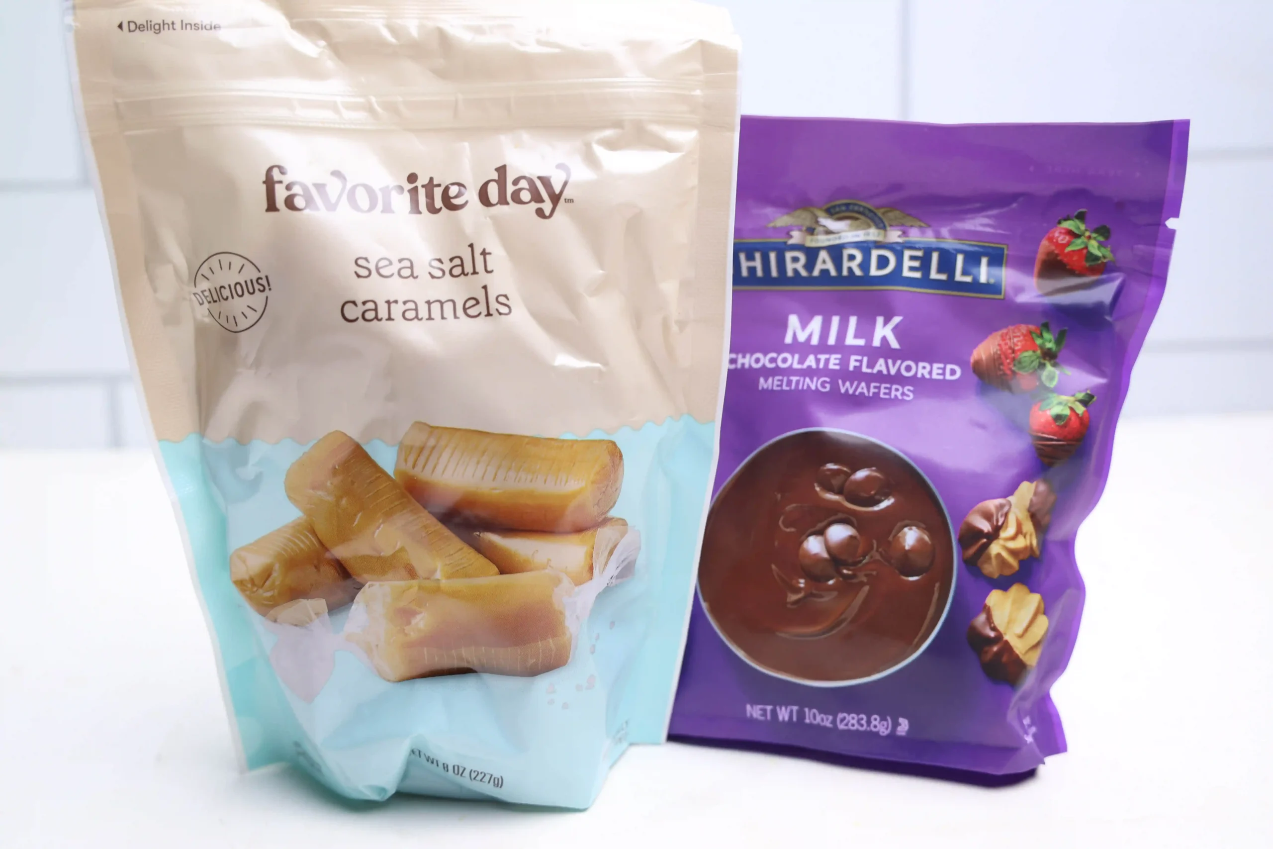 a bag of sea salt caramels and a bag of milk chocolate wafers
