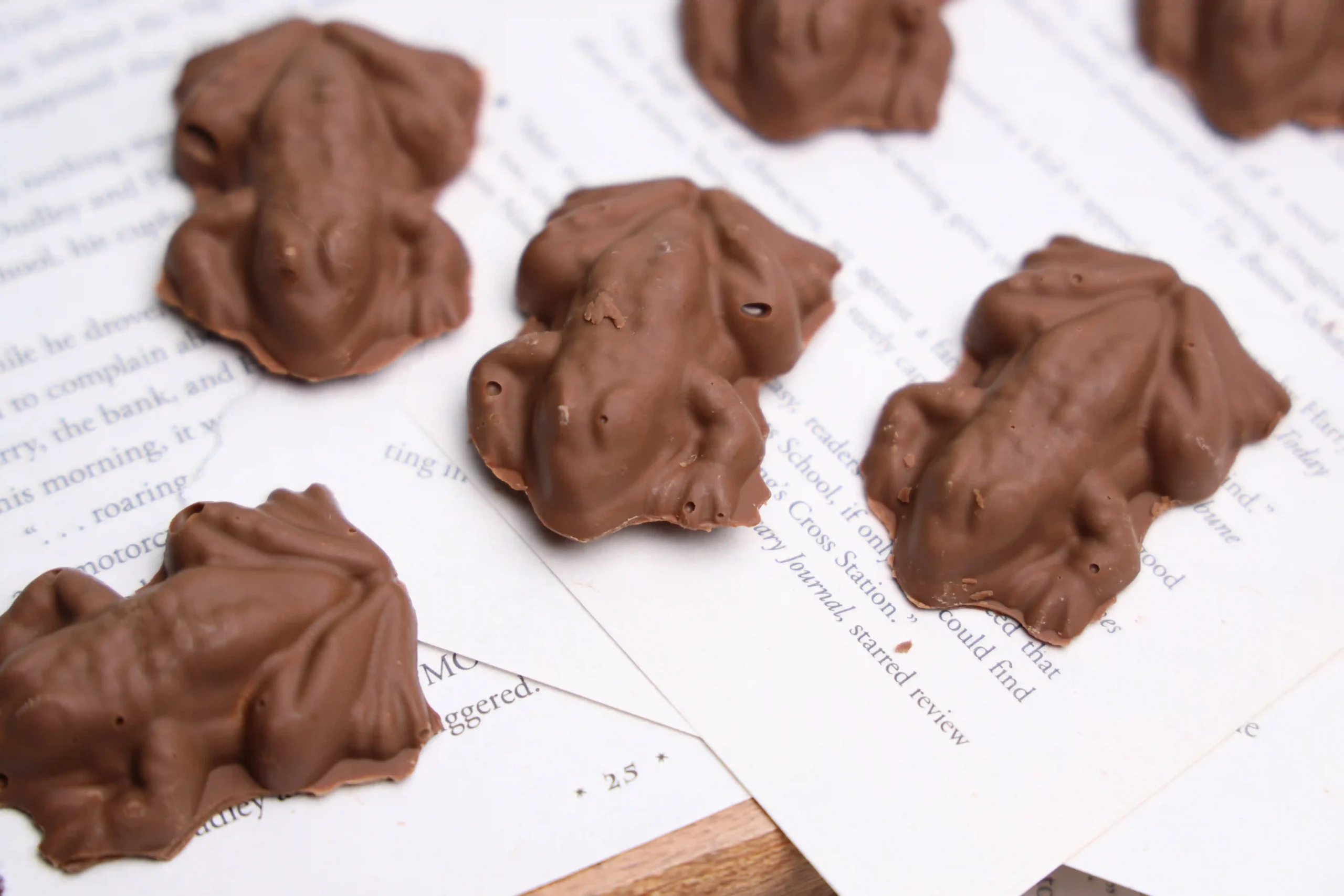 chocolate frogs on pages of a book