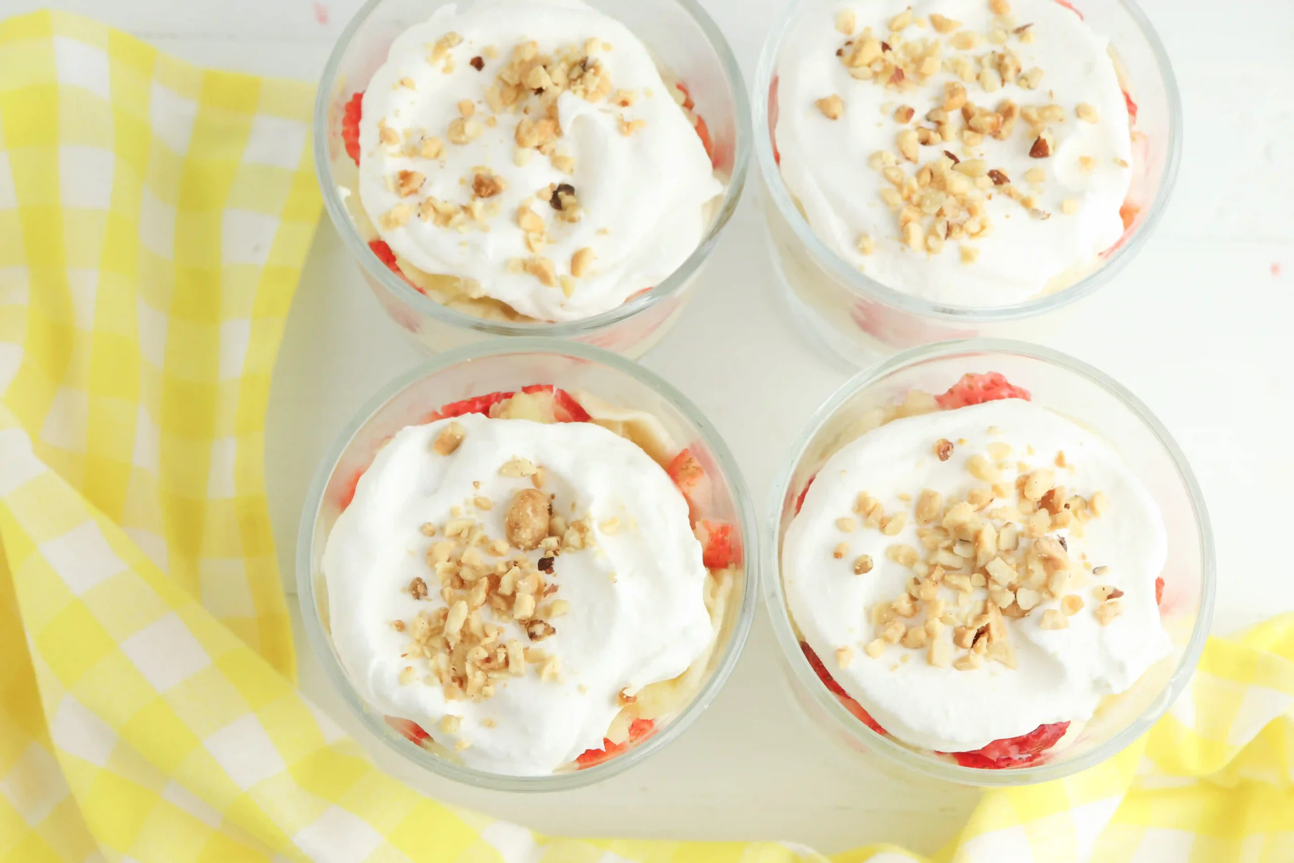 banana split trifle in a clear glass