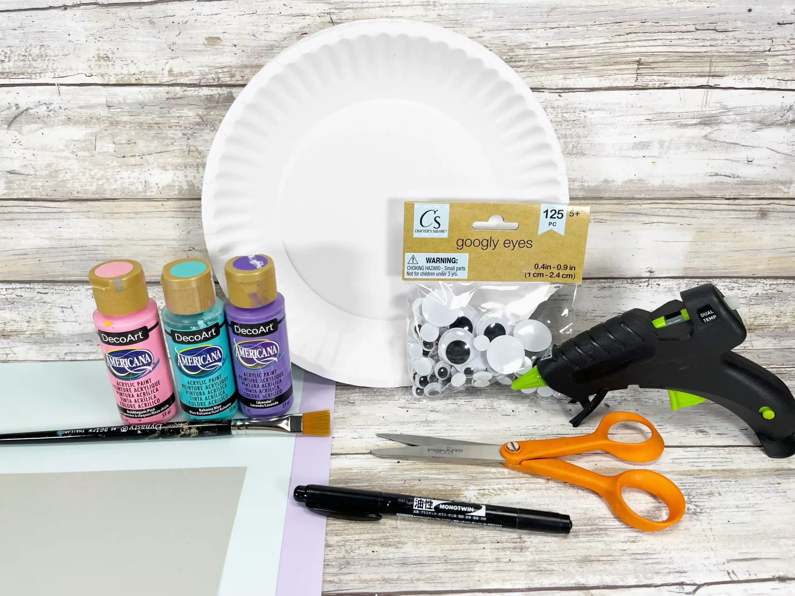 supplies for the paper plate narwhal craft