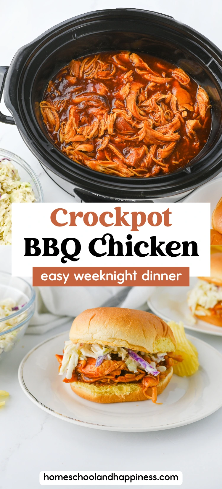 a crockpot with barbecue chicken and a bbq chicken slider with coleslaw